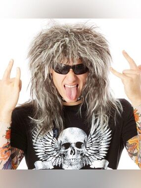 NEW! 70s 80s Rocker Wigs + Tattoo Sleeves Costume Set